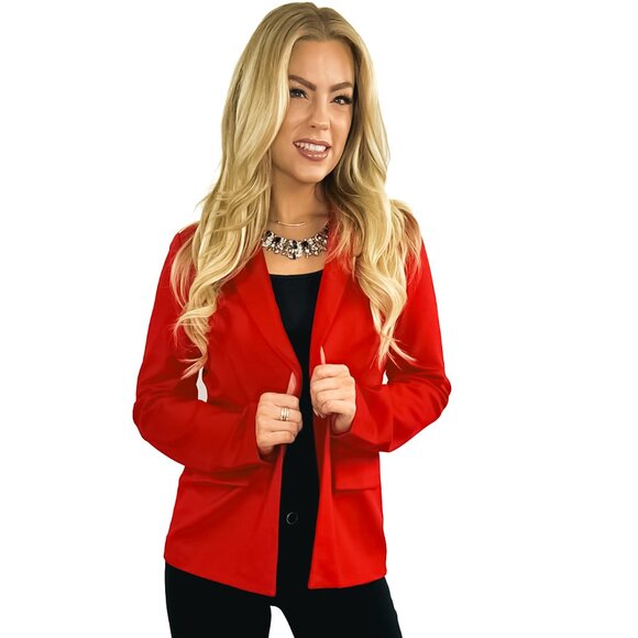 Knit Long Sleeve Pocket Blazer- Scarlet Red - Picture 1 of 3